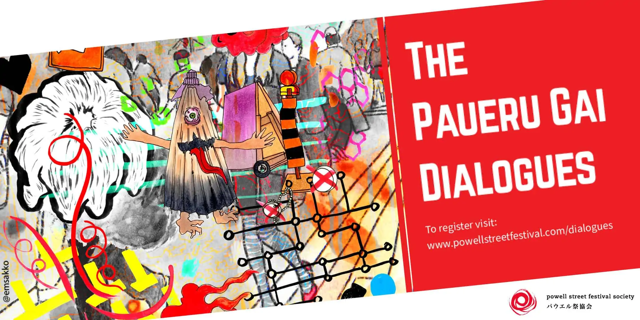 Banner with text that reads "The Paueru Gai Dialogues. To register, visit www.powellstreetfestival.com."