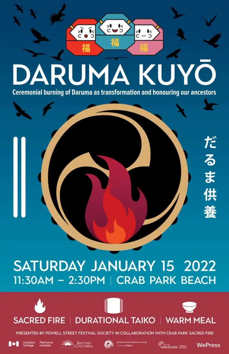 Poster with text reading "Daruma Kuyo / Ceremonial burning of Daruma as transformation and honouring our ancestors / Saturday January 15 2022 11:30 AM - 2:30 PM CRAB park beach / Sacred Fire / Durational Taiko / Warm Meal / presented by powell street festival society in collaboration with crab park sacred fire"