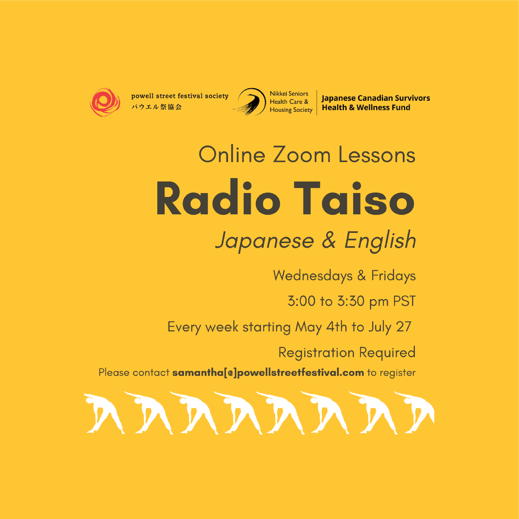 square poster with silhouette of exercising people. with text reading "Online Zoom Lessons / Radio Taiso / Japanese & English / Wednesdays & Fridays 3:00 to 3:30 Pm PST / Every week starting May 4th to July 27 / Registration Required"